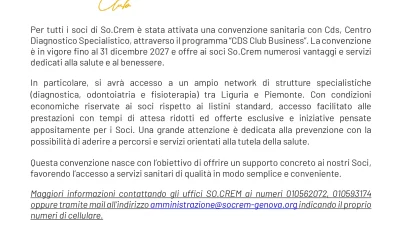 Socrem Genova: nuova convenzione sanitaria per 15mila soci fino al 2027